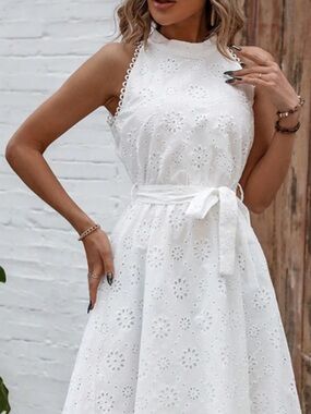 White Eyelet Halter Midi Dress with Braided Belt